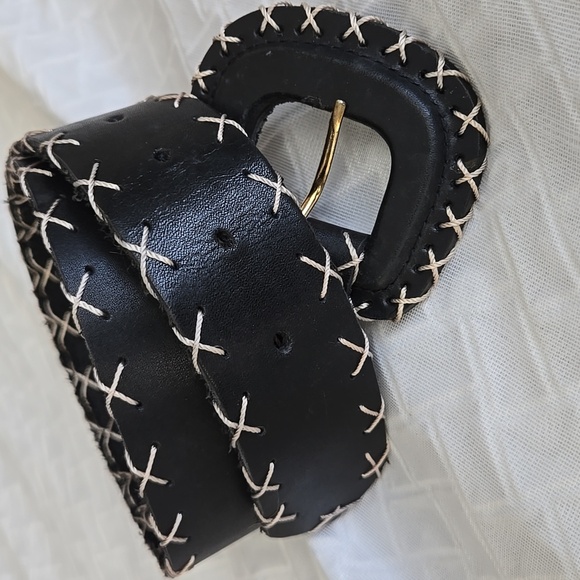 Express Black Genuine Leather Belt with Off White Cross Stitching Size M - Picture 4 of 7